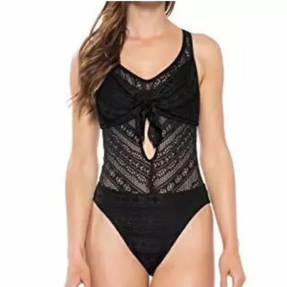 Becca Women's Black Tie-Front Crochet Lace Strappy One-Piece Swimsuit XS - Picture 1 of 15